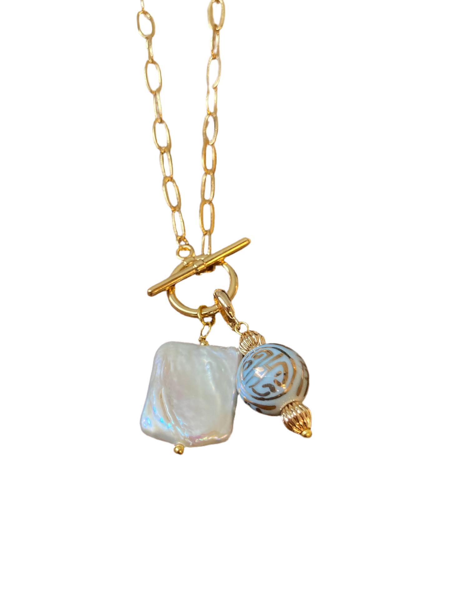 Esperanza•Unique Design Interchangeable Golden Necklace with Natural Baroque Pearl & Hand Painted Ancient Chinese Character of Long-Life Ceramic Bead