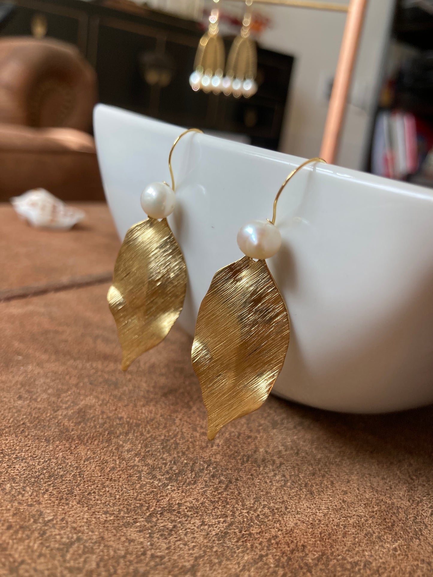 Anna•Fun 3-in-1 Interchangeable Design Freshwater Pearl Golden Tree Leaf Earrings