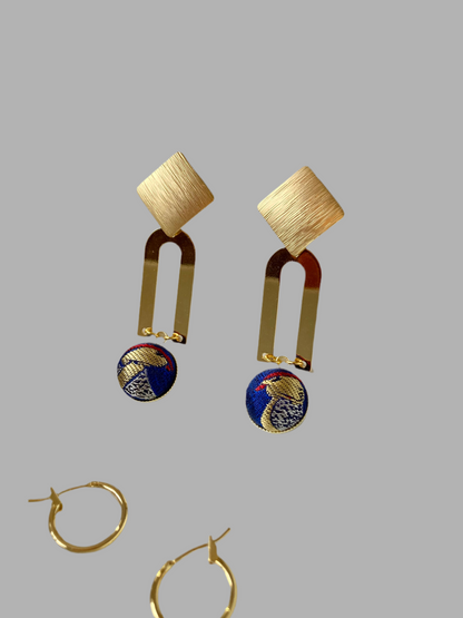 Golden Geographic Design Silk Earring Studs-Royal Blue
