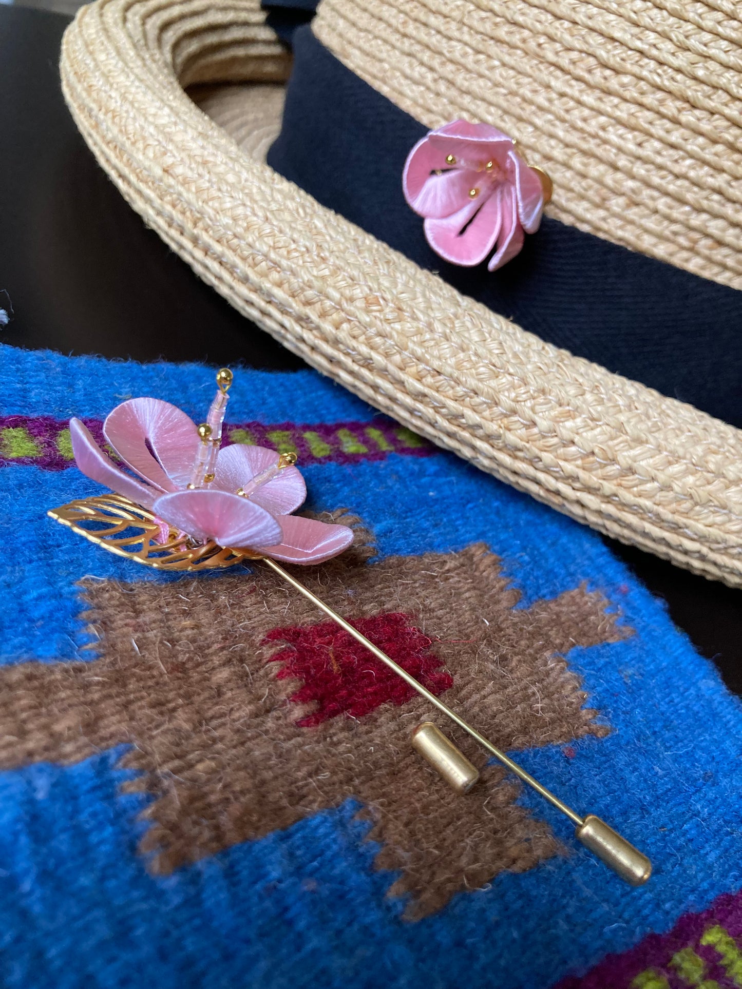 Unique Cherry Blossom Pink Brooch with Hand-wrapped Silky threads