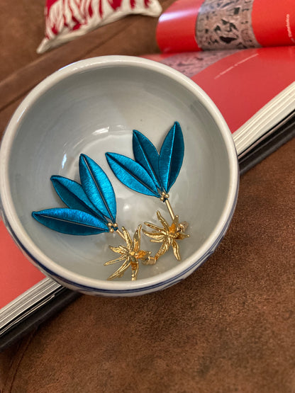 Marjon • Unique Versatile  Design Golden Floral & Peacock Blue Stud Earrings – Handmade Statement Cultural Jewelry