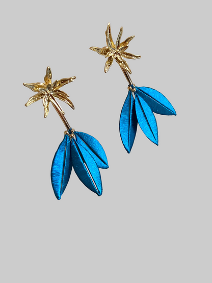 Marjon • Unique Versatile  Design Golden Floral & Peacock Blue Stud Earrings – Handmade Statement Cultural Jewelry