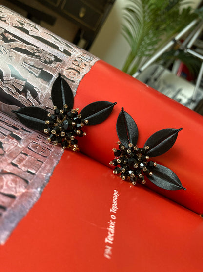 Elegant Handmade Shiny Black Beads Silky Thread Leaf Floral Earrings
