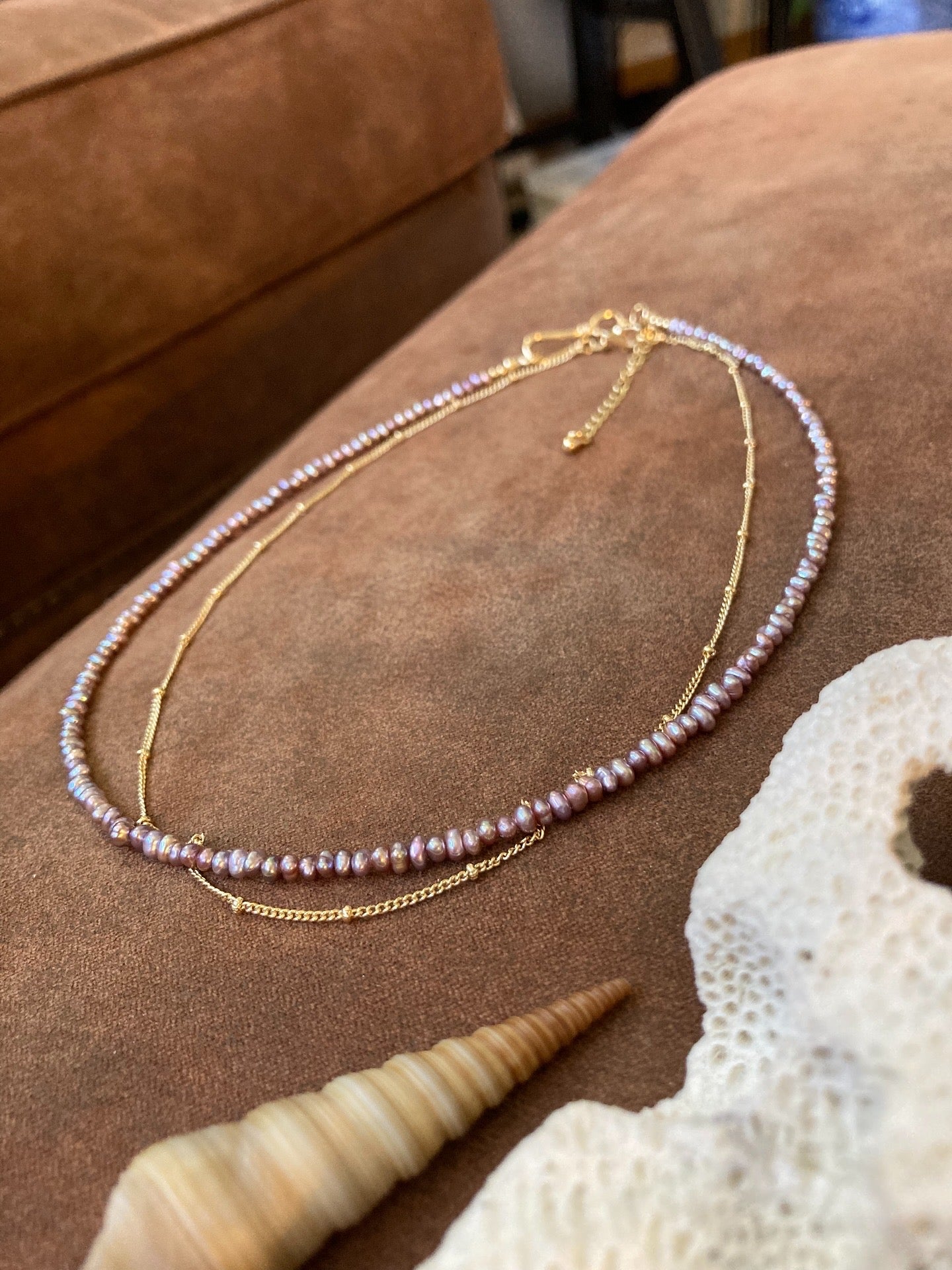 Tiny Purple Freshwater Pearl & Golden Choker Necklace Set