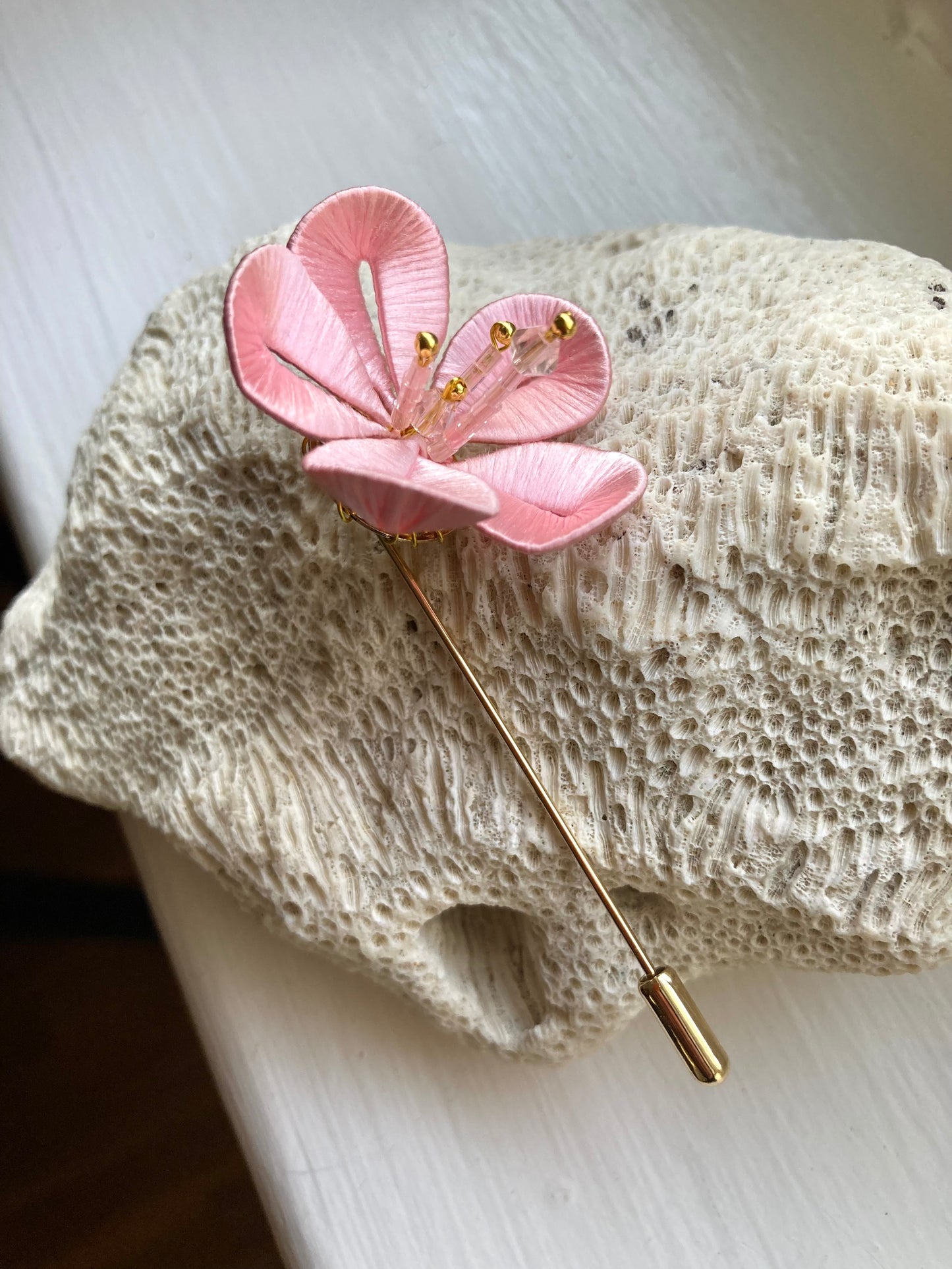 Unique Cherry Blossom Pink Brooch with Hand-wrapped Silky threads
