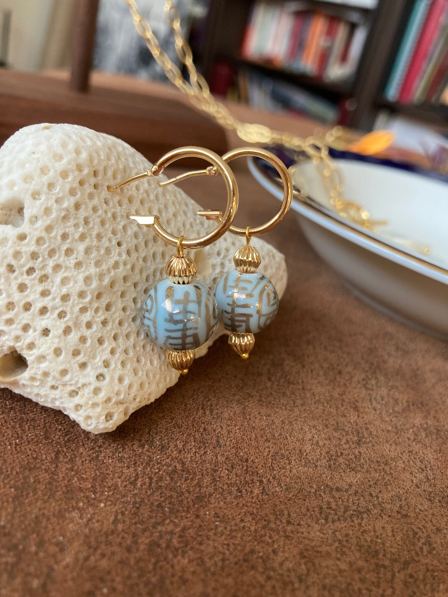 Esperanza•Unique Design Interchangeable Golden Necklace with Natural Baroque Pearl & Hand Painted Ancient Chinese Character of Long-Life Ceramic Bead