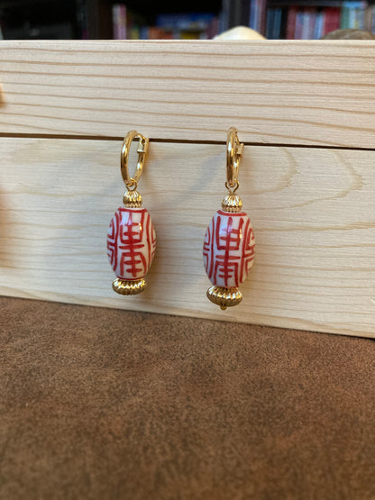 Interchangeable Huggies Earrings with Hand Painted Ceramic Ancient Character of Long-Life Ceramic Beads