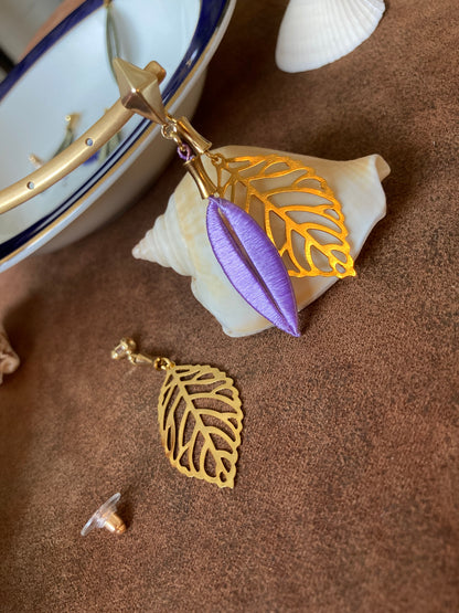 Versatile Gold & Lavender Shiny Silky Thread Leaf Earrings-Handmade Cultural Jewelry