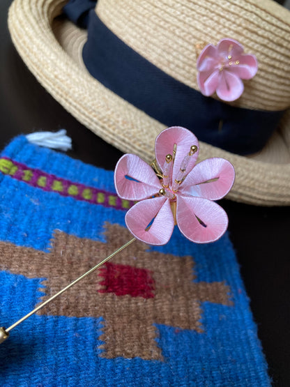 Handmade Cherry Blossom Pink Statement Brooch-Silky Thread Flower Pin for Hats, Bags & Clothing
