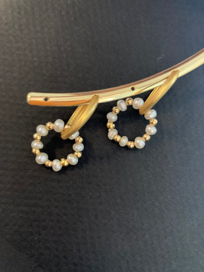 Matte Gold Textured Huggies Earrings w/Freshwater Pearl Wreath