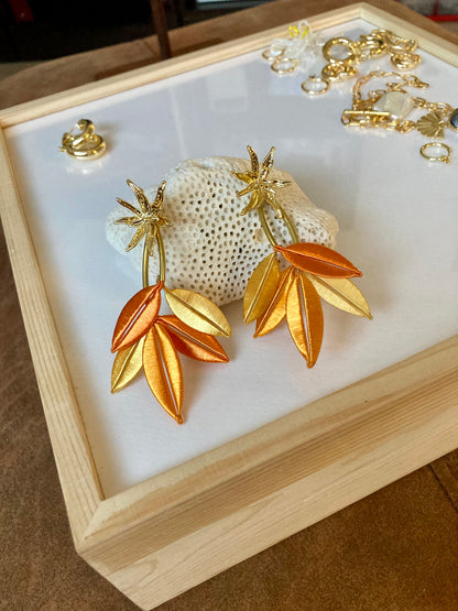 Unique Versatile Design Silky Thread Orange Gold Floral Gold Studs Earrings-Handmade Cultural Jewelry