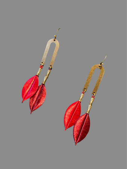 Kisses• Handmade Red Silky Thread Tree Leaf Earrings – Shiny Statement Artisan Jewelry