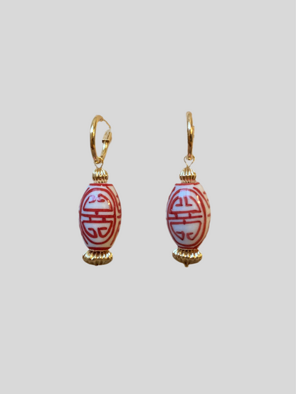 Interchangeable Huggies Earrings with Hand Painted Ceramic Ancient Character of Long-Life Ceramic Beads