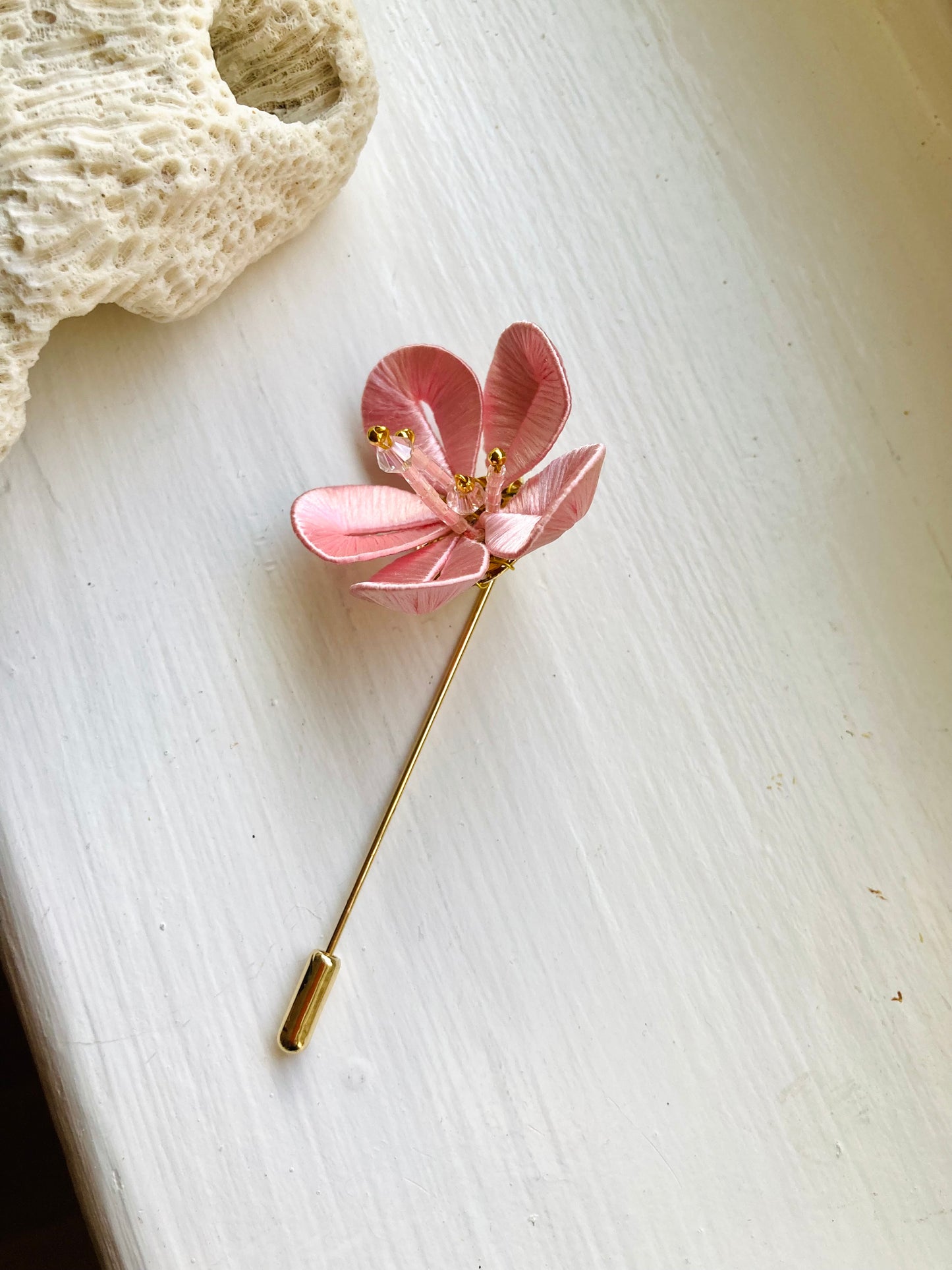 Unique Cherry Blossom Pink Brooch with Hand-wrapped Silky threads