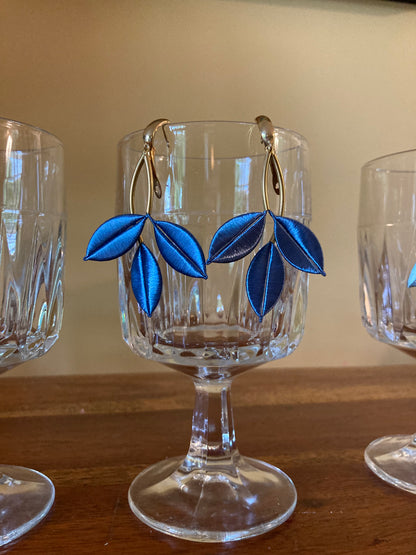 Ocean Blue Unique Design Statement Silky Floral Dangling Stud Earrings-Handmade
