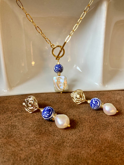 Set-Statement Golden Baroque Pearl Necklace & Stud Earrings Set with Hand Painted Ancient Chinese Character of Long-Life Ceramic Beads