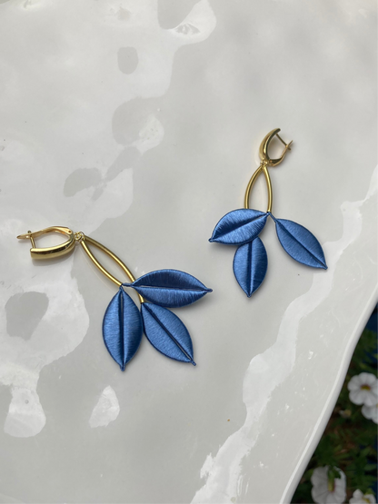 Ocean Blue Unique Design Statement Silky Floral Dangling Stud Earrings-Handmade