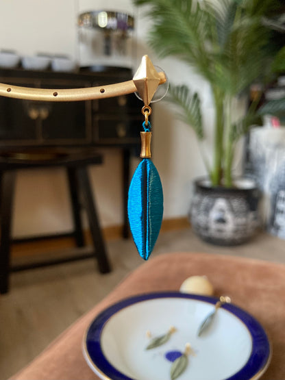 Interchangeable Gold Shiny Peacock Blue Silky Thread Leaf Dangling Earrings