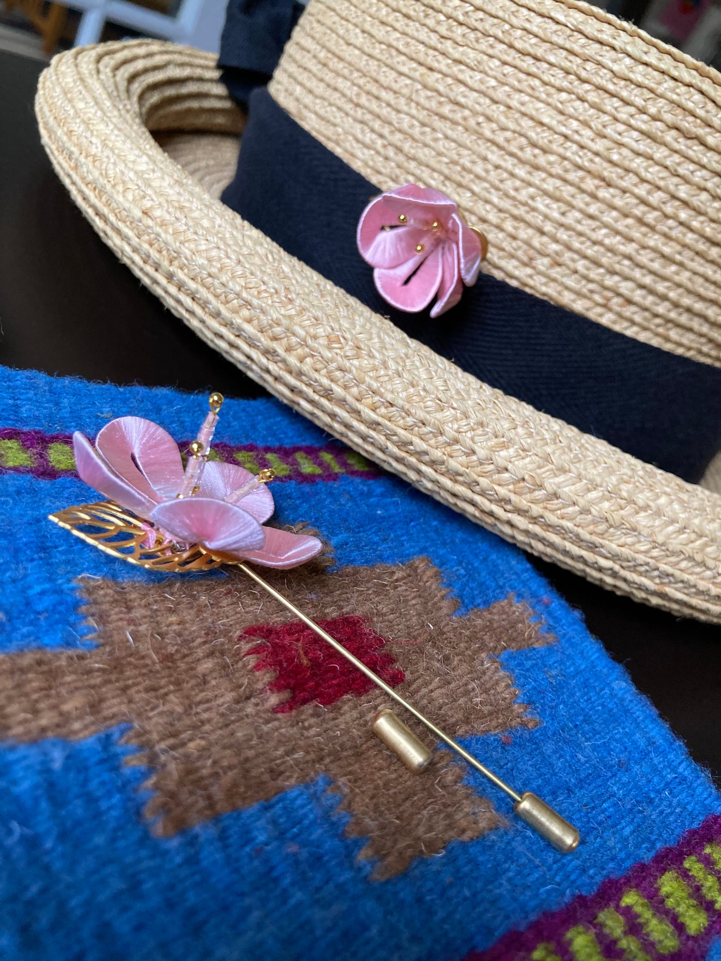 Unique Cherry Blossom Pink Brooch with Hand-wrapped Silky threads