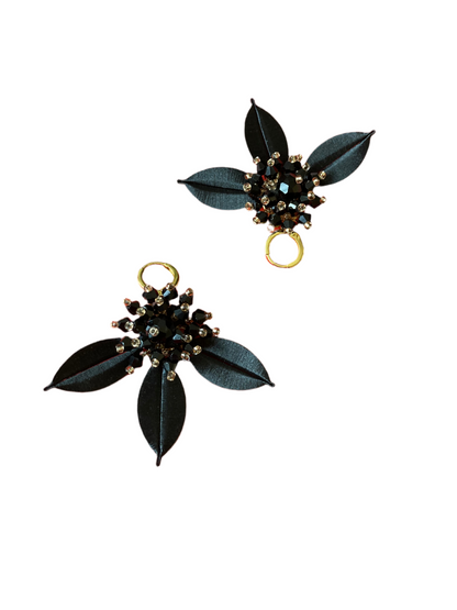Elegant Handmade Shiny Black Beads Silky Thread Leaf Floral Earrings