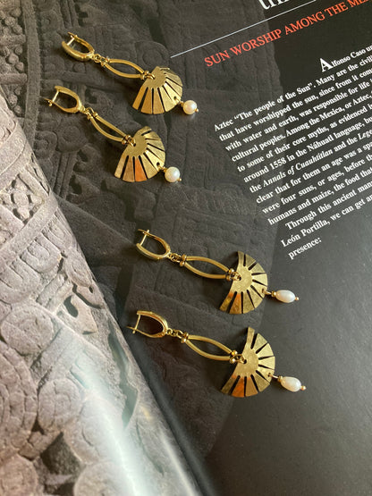 Aztec-Tulum•Unique Freshwater Pearl Golden Geometric Hand Hammered Brass Earrings