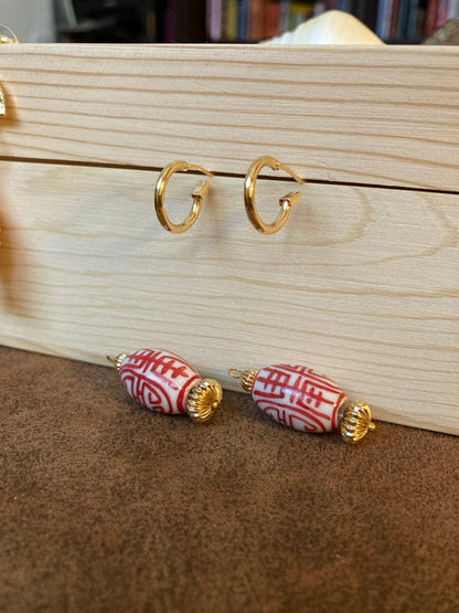 Interchangeable Huggies Earrings with Hand Painted Ceramic Ancient Character of Long-Life Ceramic Beads