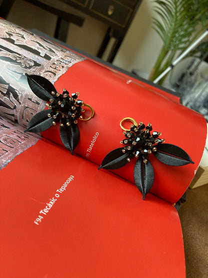 Elegant Handmade Shiny Black Beads Silky Thread Leaf Floral Earrings