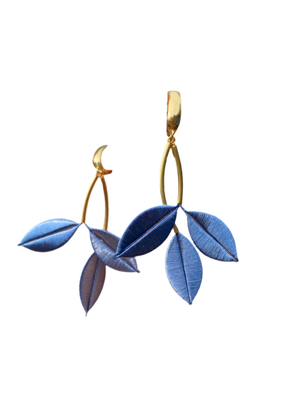 Ocean Blue Unique Design Statement Silky Floral Dangling Stud Earrings-Handmade
