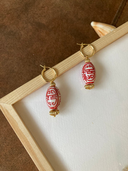 Interchangeable Huggies Earrings with Hand Painted Ceramic Ancient Character of Long-Life Ceramic Beads