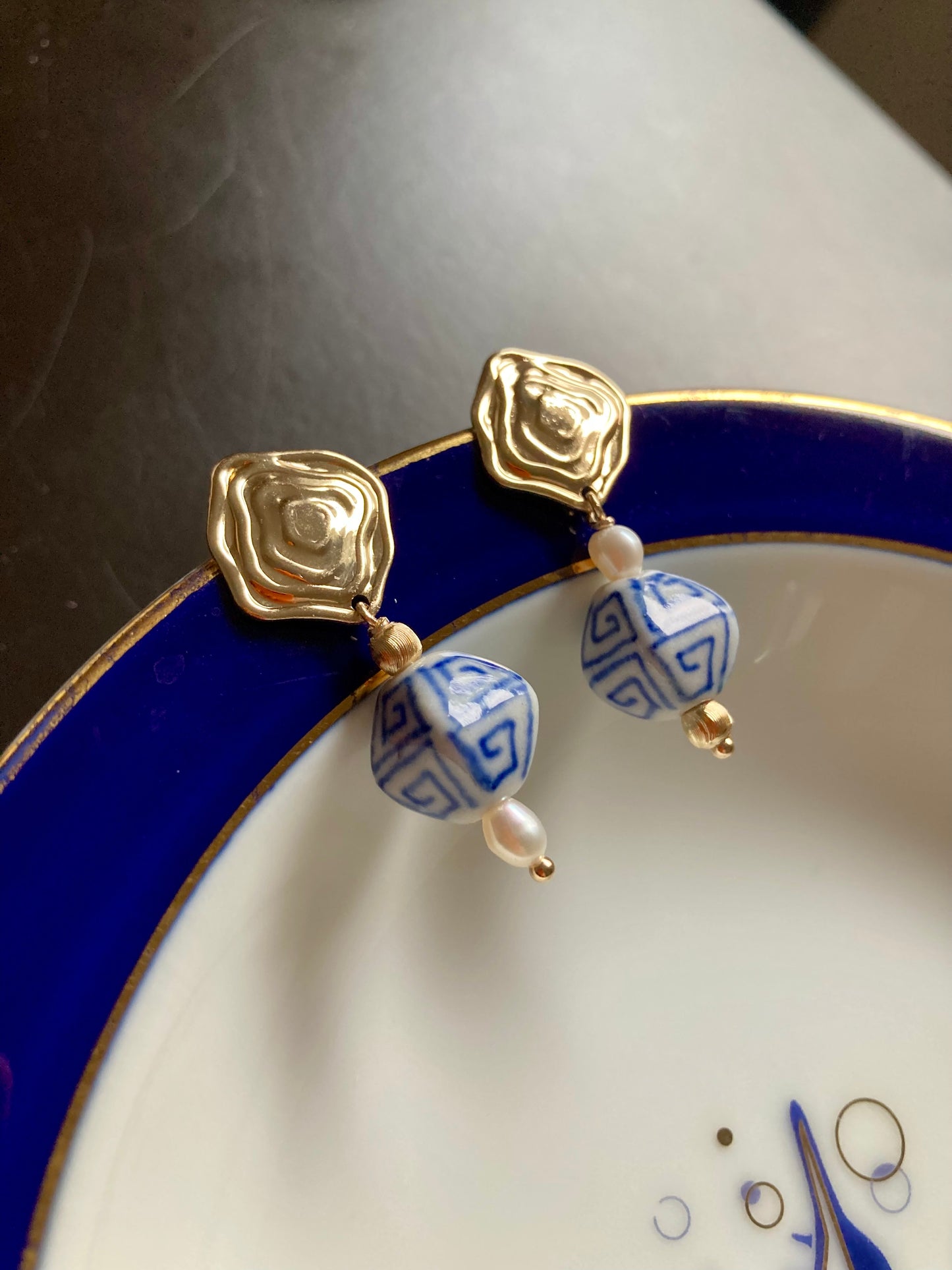 Interchangeable Modern Design Golden Huggie Earrings with Hand Painted Ancient Pattern