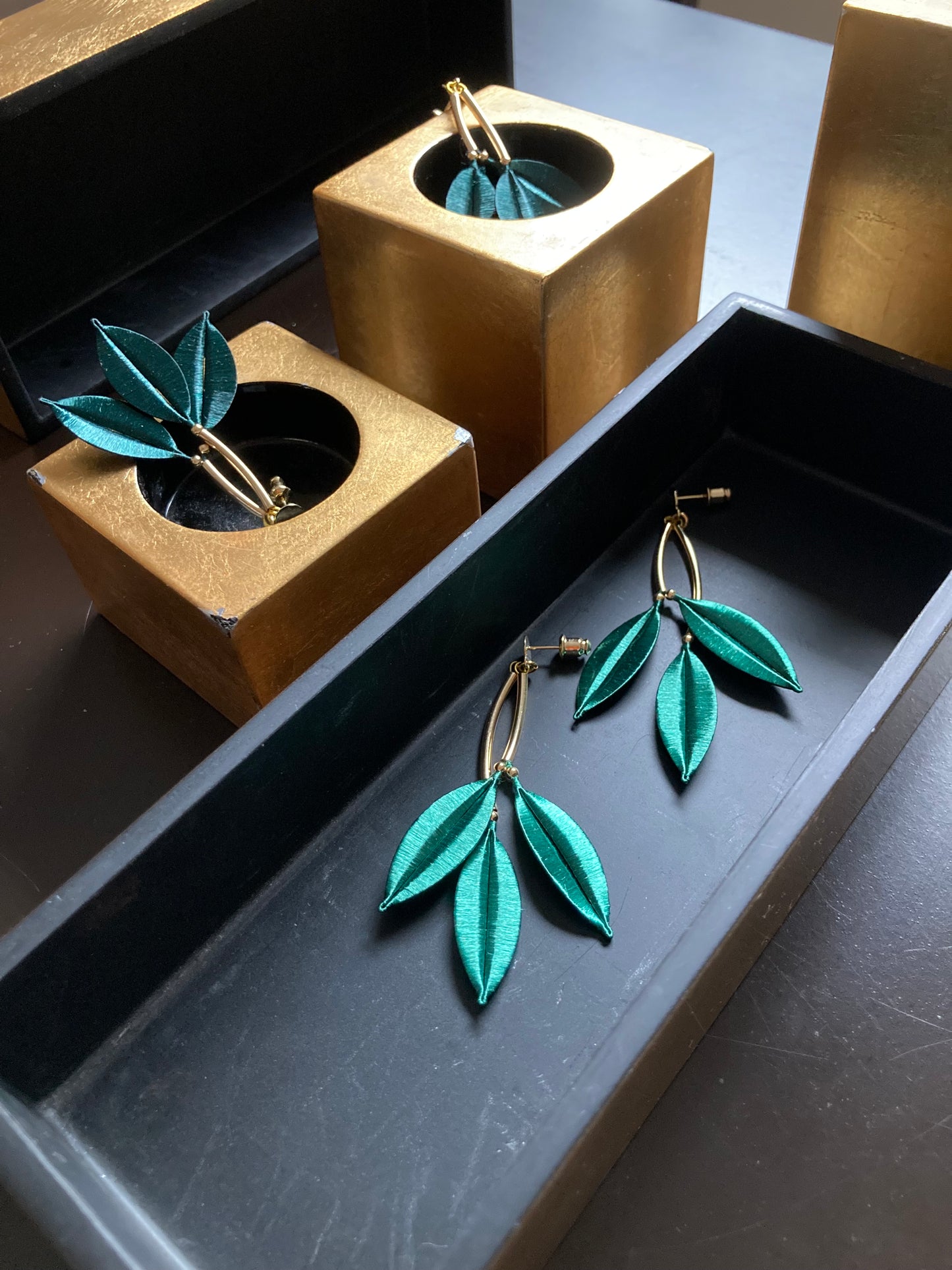 Statement Golden Hand-wrapped Silky Green Leaf Floral Earrings