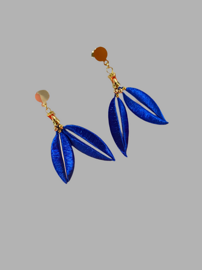 Unique Design Royal Blue Silky Floral Earrings-Hand-wrapped silky threads leaves