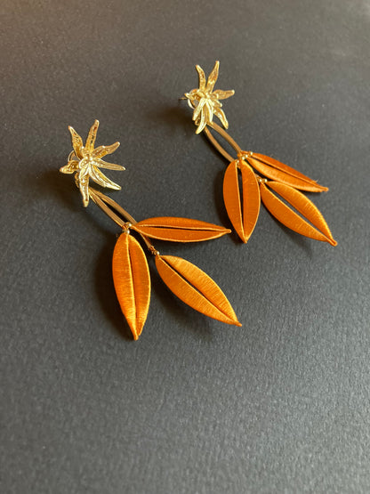 Versatile Design Silky Thread Orange Gold Floral Gold Studs Earrings-Handmade Cultural Jewelry