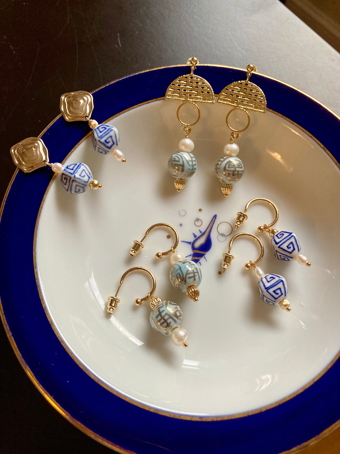 Interchangeable Modern Design Golden Huggie Earrings with Hand Painted Ancient Pattern