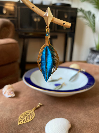 Interchangeable Gold Shiny Peacock Blue Silky Thread Leaf Dangling Earrings