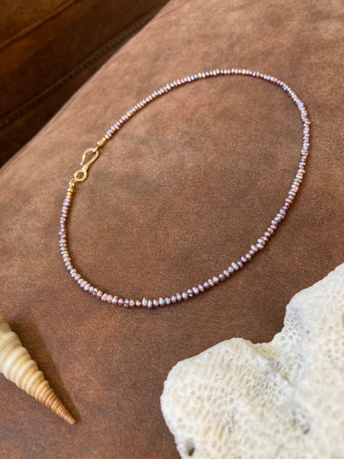 Tiny Purple Freshwater Pearl & Golden Choker Necklace Set