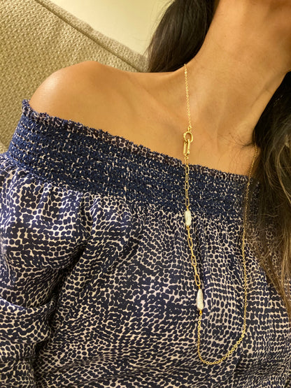 Jenning•Fun Chic Interchangeable 3+ ways to style Freshwater Pearl Choker/Long necklace /Chain belt/ Badge Chain