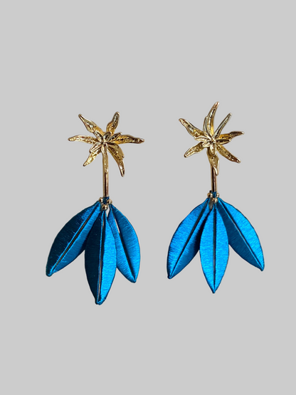 Marjon • Unique Versatile  Design Golden Floral & Peacock Blue Stud Earrings – Handmade Statement Cultural Jewelry