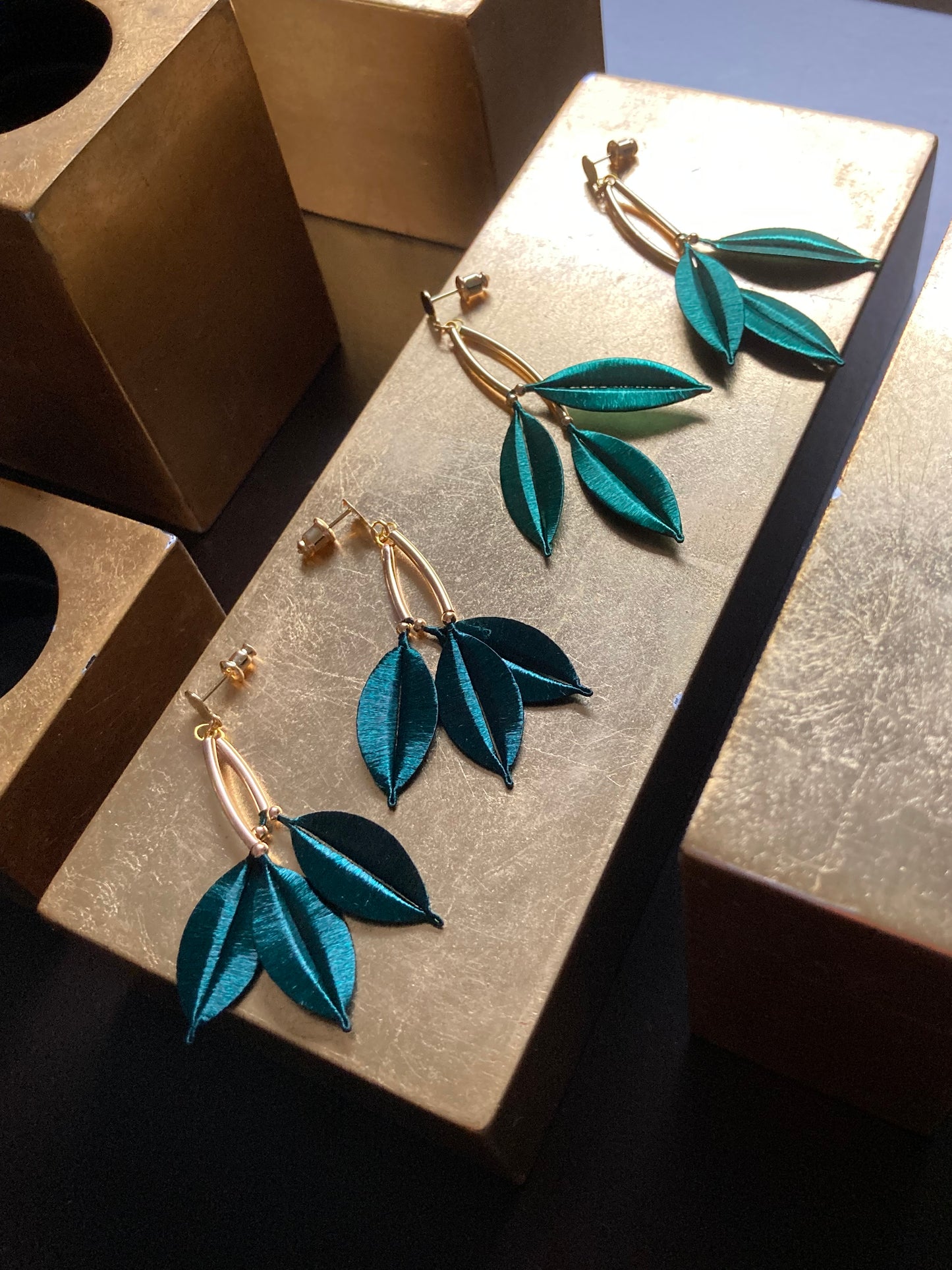Statement Golden Hand-wrapped Silky Green Leaf Floral Earrings