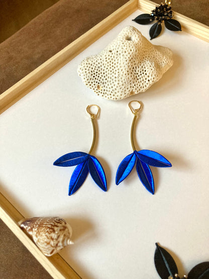 Unique Design Hand-wrapped Royal Blue Silky Thread Tree Leaf Floral Earrings