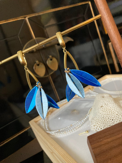 Statement Hand-wrapped Silky Thread Mixed Sky Blue Tree Leaf Floral Earrings