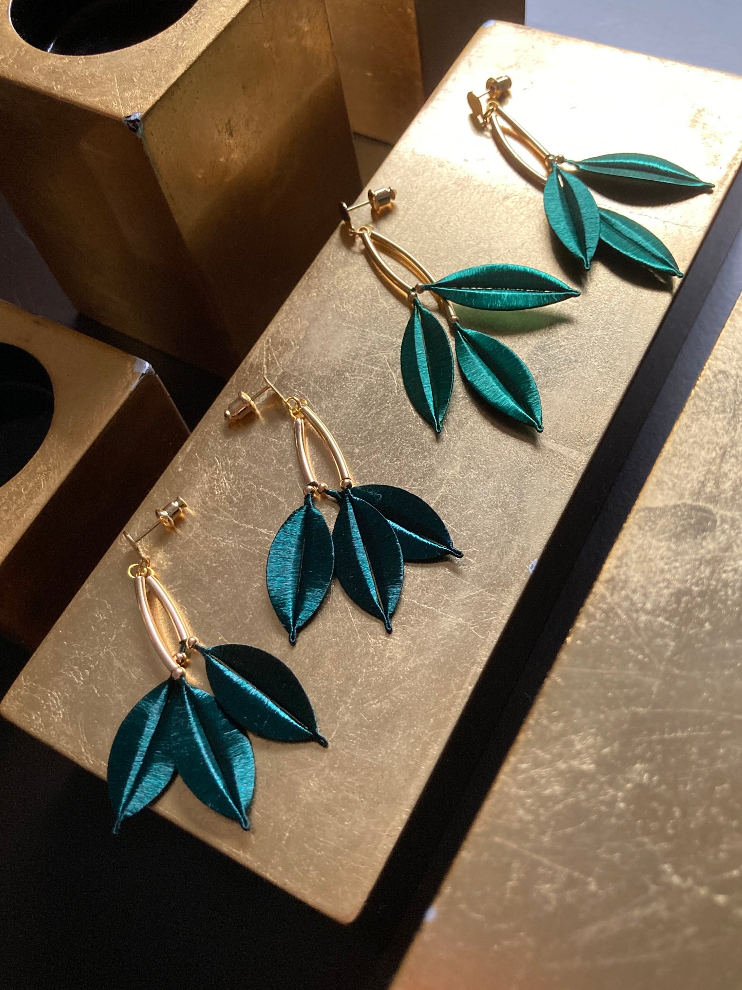 Statement Golden Hand-wrapped Silky Green Leaf Floral Earrings