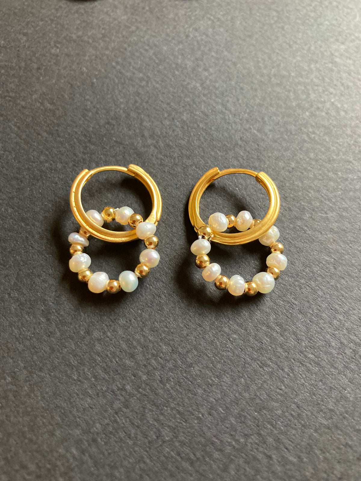 Matte Gold Textured Huggies Earrings w/Freshwater Pearl Wreath