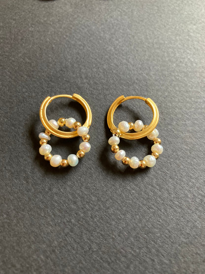 Matte Gold Textured Huggies Earrings w/Freshwater Pearl Wreath