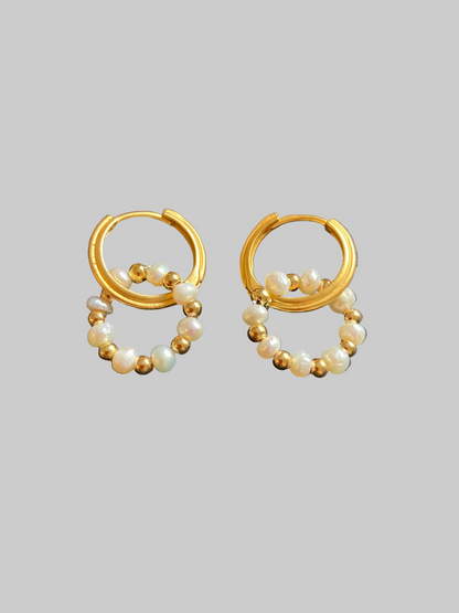 Matte Gold Textured Huggies Earrings w/Freshwater Pearl Wreath