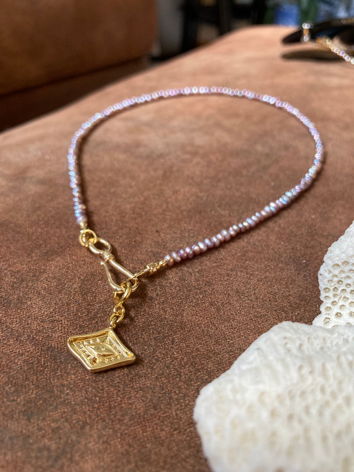 Tiny Purple Freshwater Pearl & Golden Choker Necklace Set