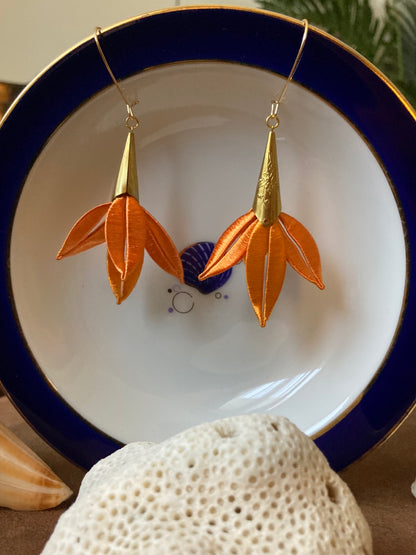 Handmade Orange Silky Thread Leaf Lily Floral Earrings -Unique versatile design