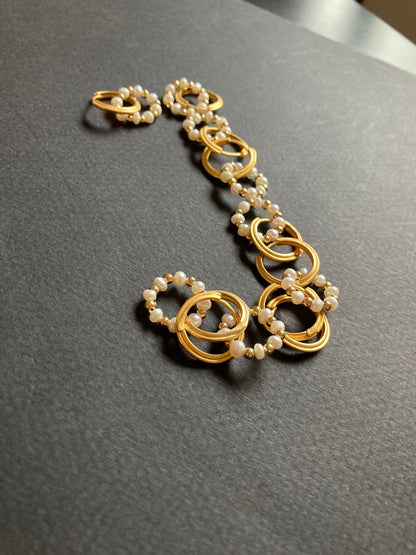 Matte Gold Textured Huggies Earrings w/Freshwater Pearl Wreath