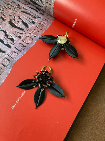 Elegant Handmade Shiny Black Beads Silky Thread Leaf Floral Earrings