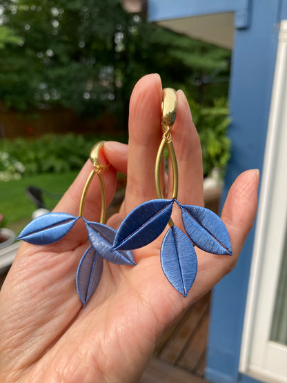 Ocean Blue Unique Design Statement Silky Floral Dangling Stud Earrings-Handmade